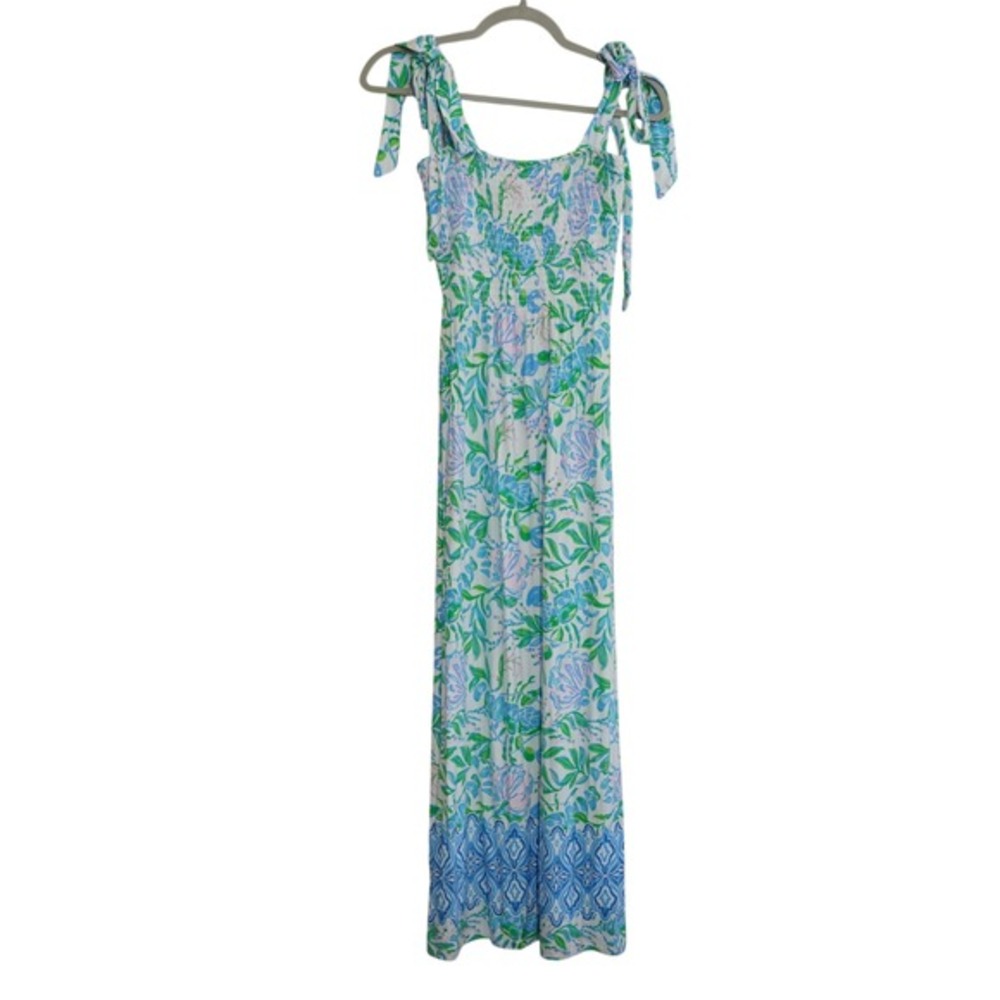 Lilly Pulitzer Size Small Floral Smocked Maxi Dress Tie Shoulder Blue Green Pink